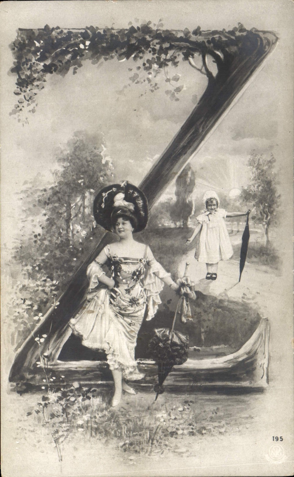 Femme et enfant dans un décor de jardin — éditeur Union postale universelle, n° 195