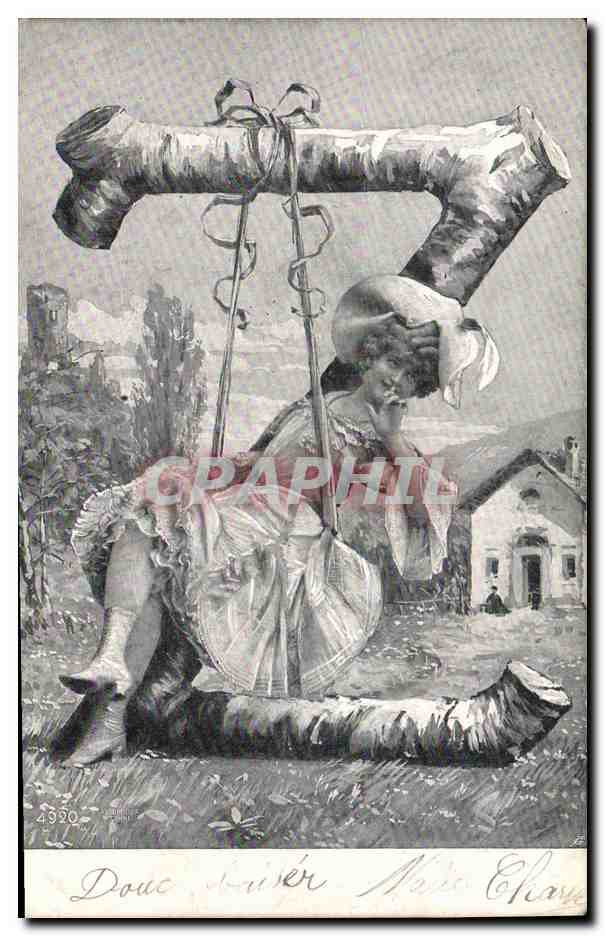 Frau auf einer Holzbalkenwiege — ländliche Szene — Verlag E. Charron, Nr. 4390