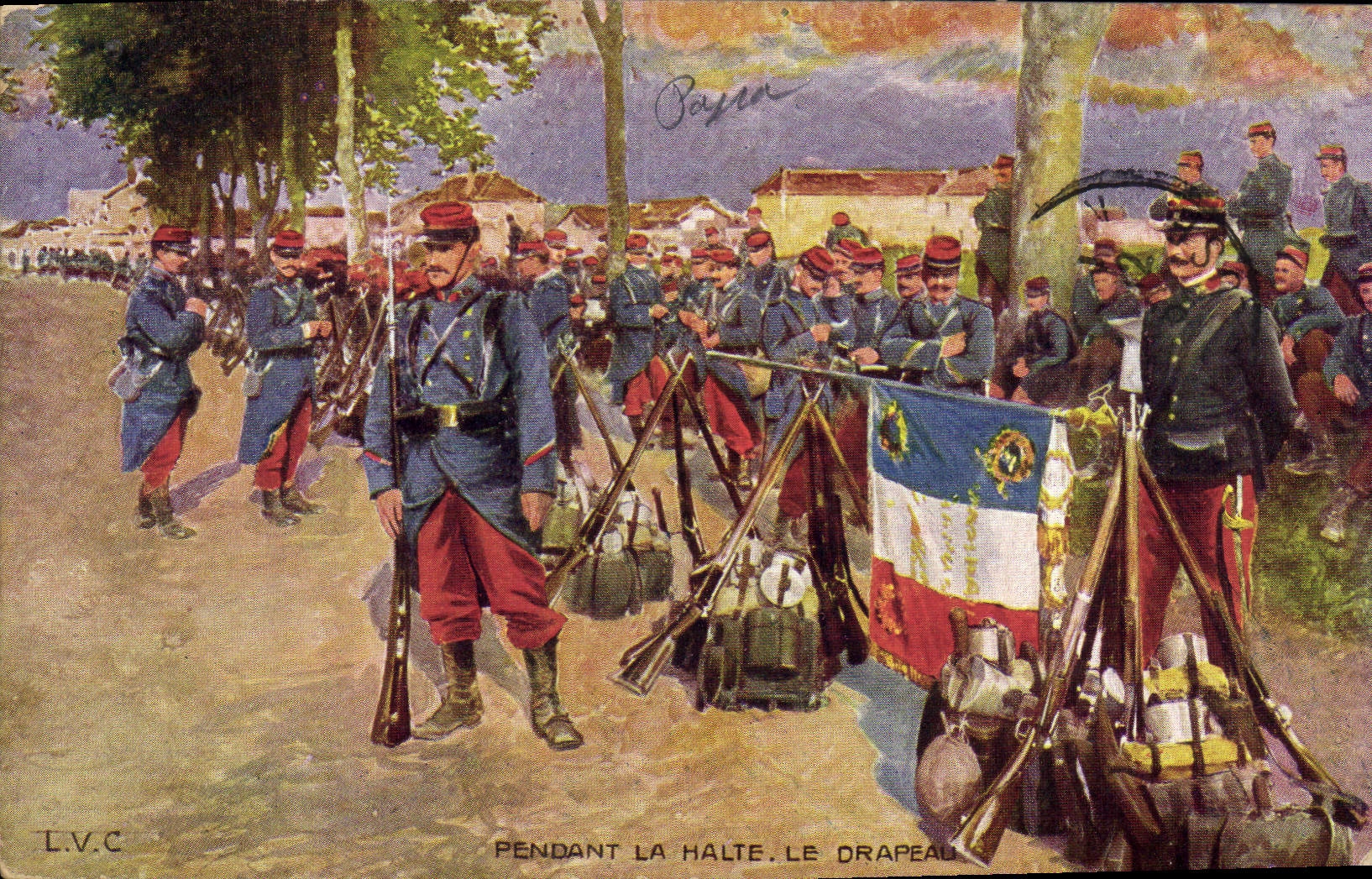 Soldats français en halte — Le drapeau — L.V.C.
