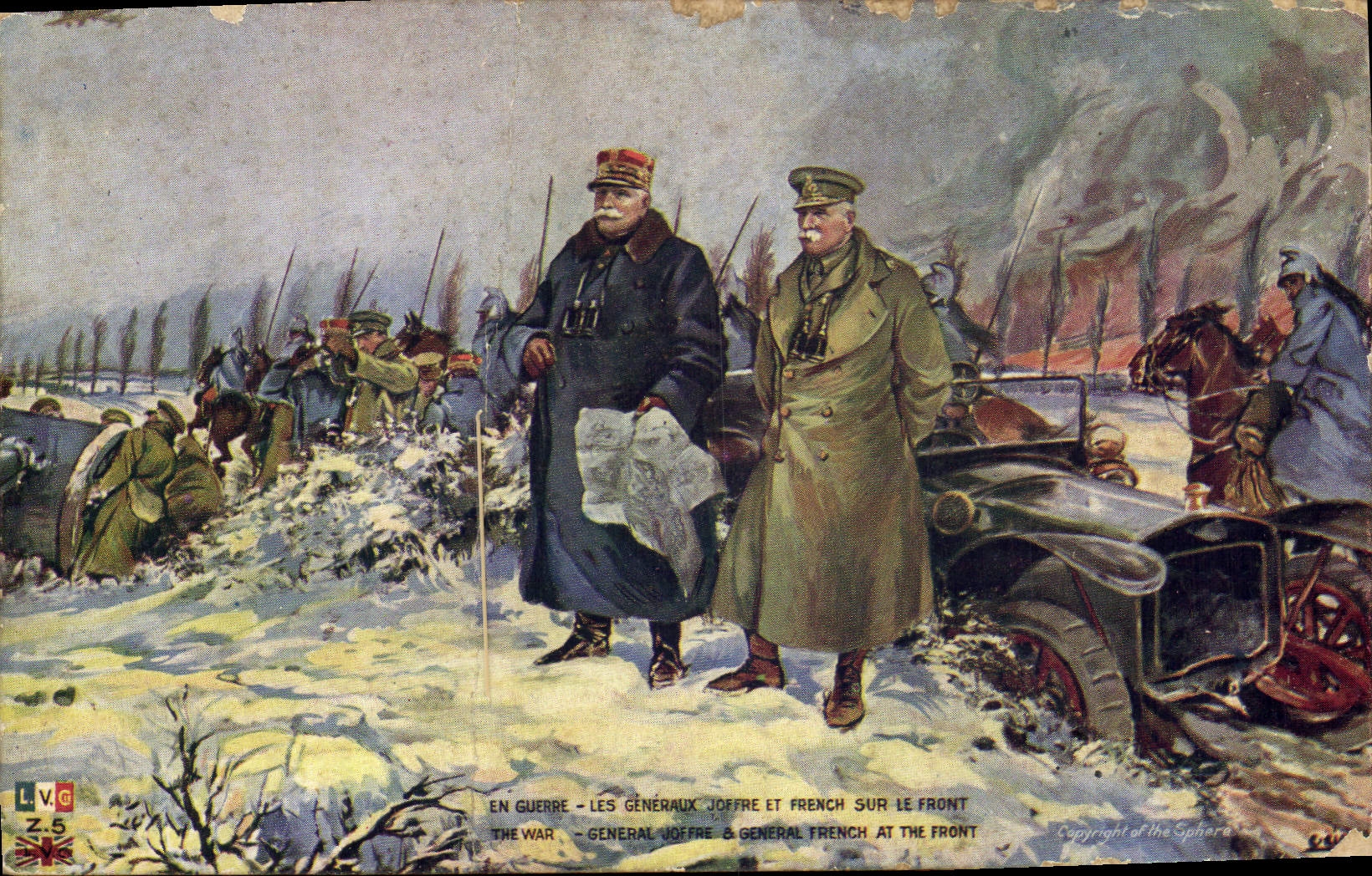 CPA Militaria Les generaux Joffre et French sur le front Automobile