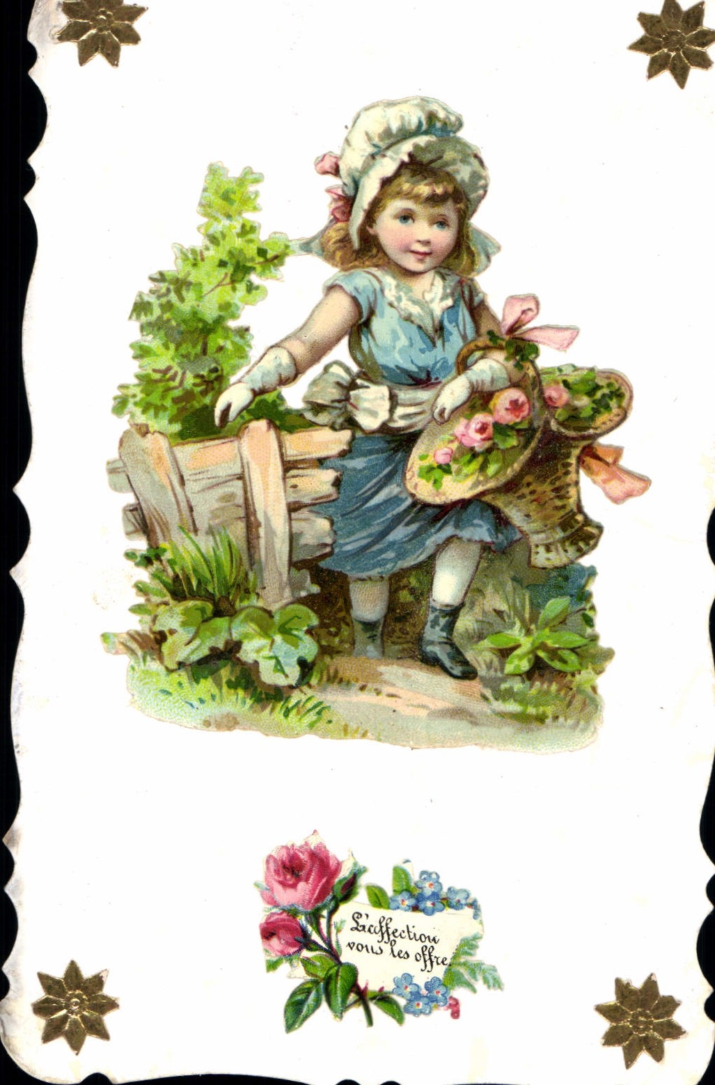 Fille avec panier de roses — carte postale française — éditeur non visible