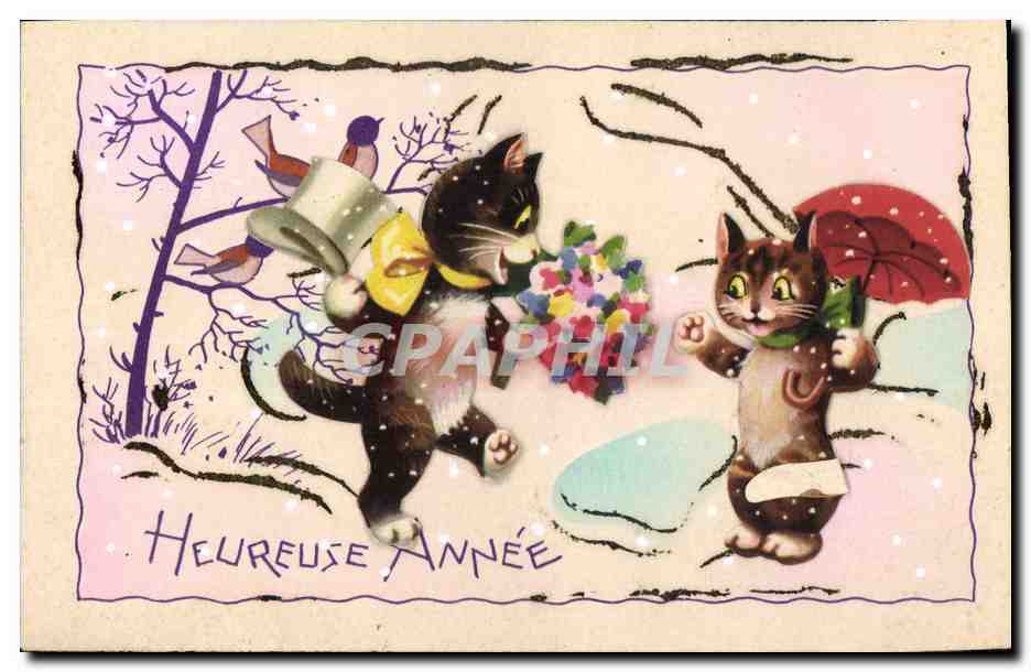 Deux chats dans la neige — Heureuse Année — éditeur Paris CPA n°627