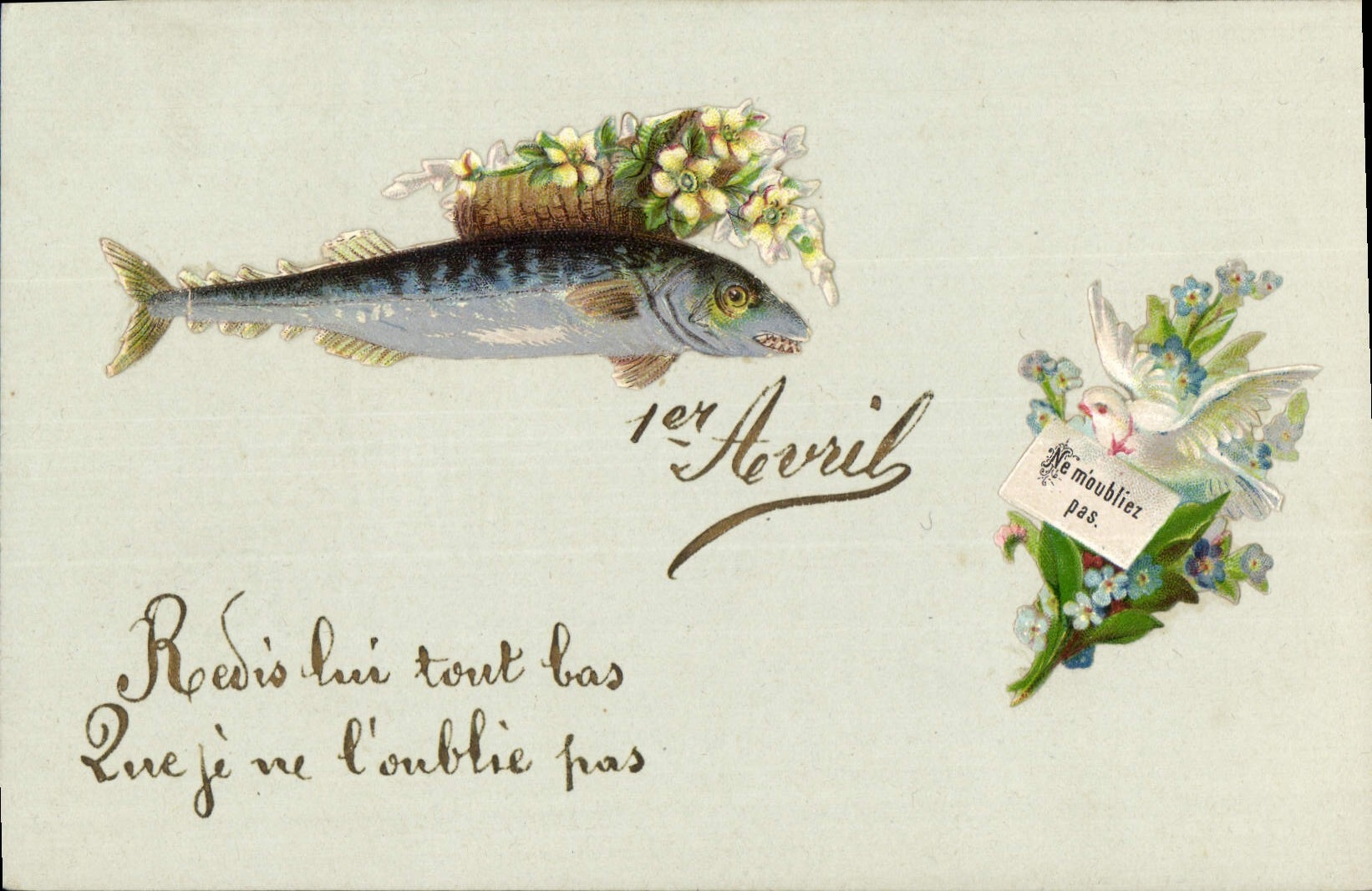 Poisson avec panier de fleurs — 1er Avril — éditeur inconnu, n° de série non visible