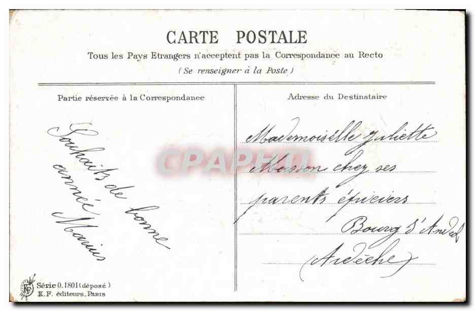 Deux colombes portant une lettre — Meilleurs Vœux — K.F. éditeurs, Série 0.1801 — Rückseite