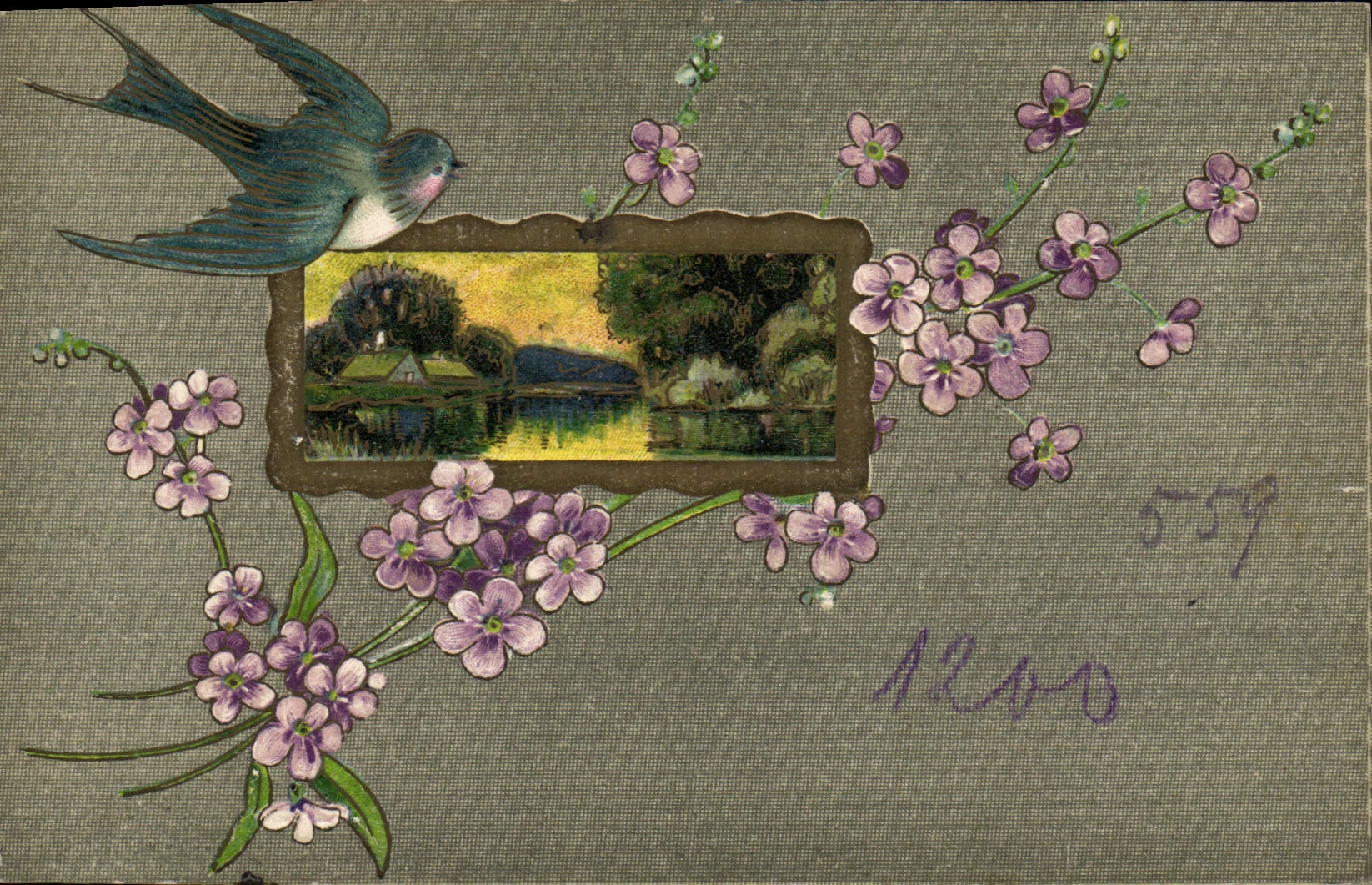 CPA Fantaisie Fleurs Hirondelle 