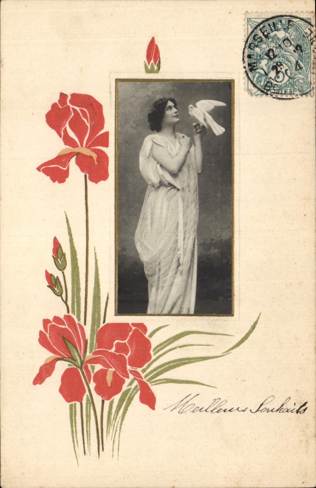 CPA Fantaisie Fleurs Femme Colombe 