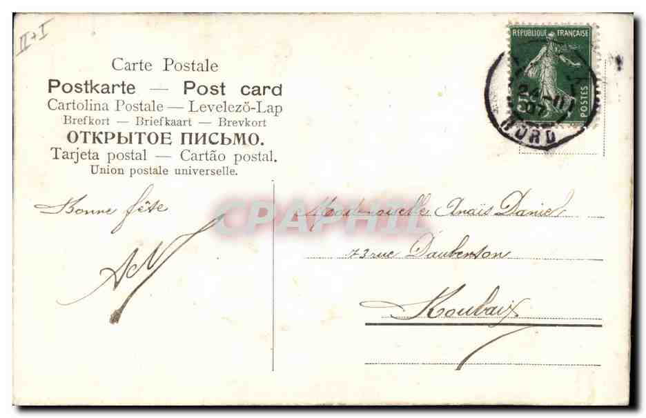 Colombe blanche entourée de fleurs bleues — Souvenir — Carte postale — Achterkant