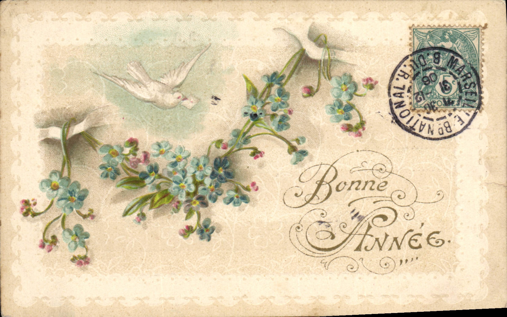 Dove et fleurs — Bonne Année — Éditeur B. Bonational, n° 109