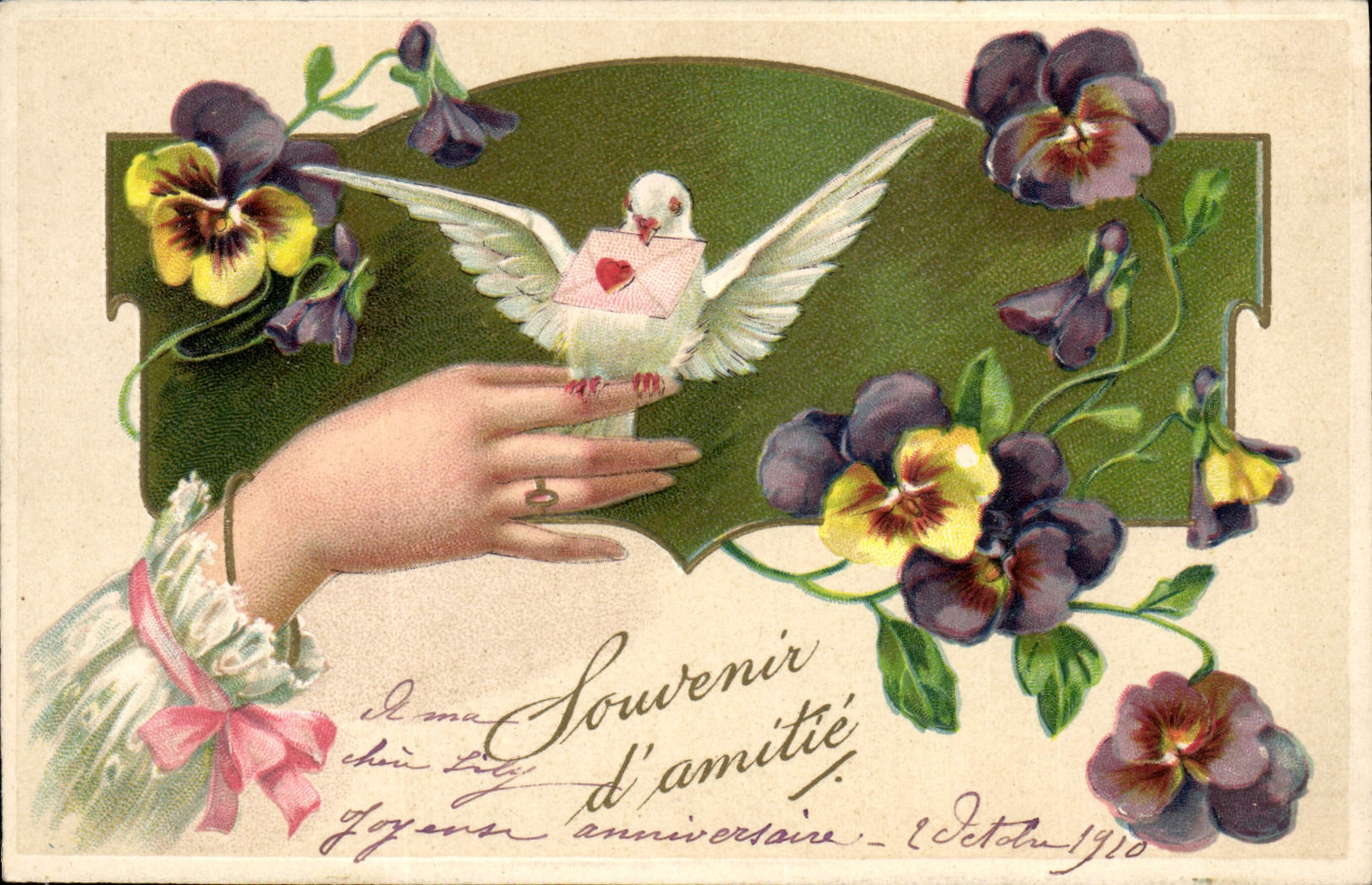CPA Fantaisie Fleurs Colombe Main 