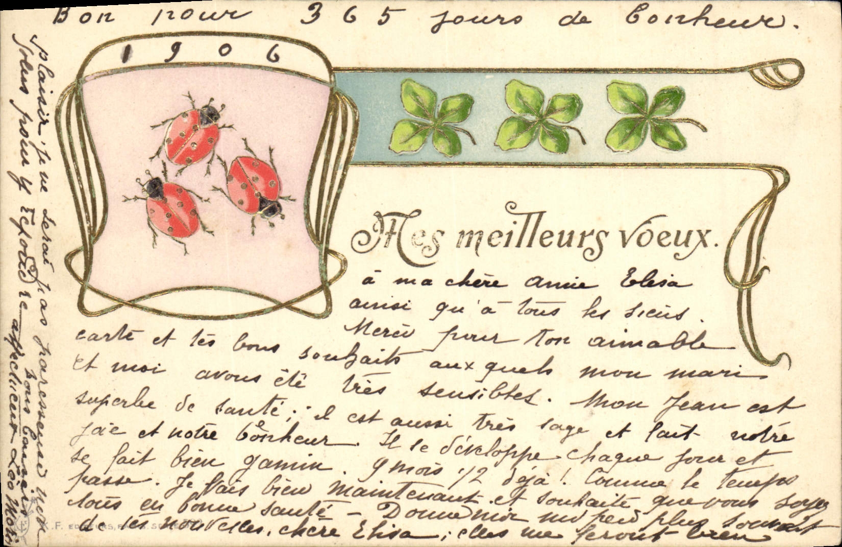 CPA Fantaisie Fleurs Trefles Coccinnelles 