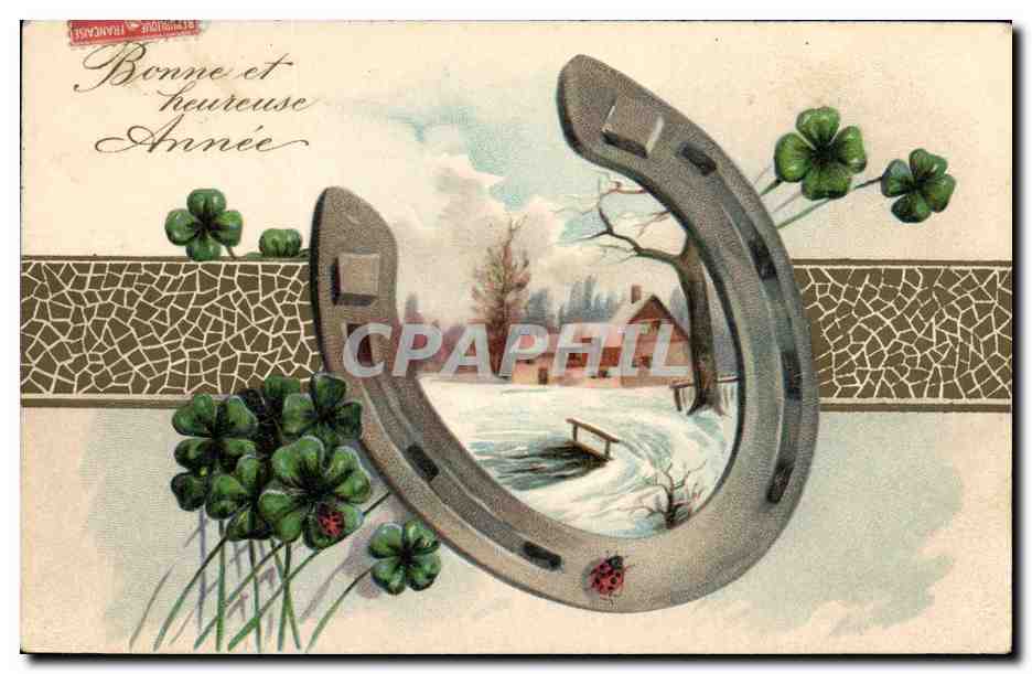 CPA Fantaisie Fleurs Trefles Fer a cheval 
