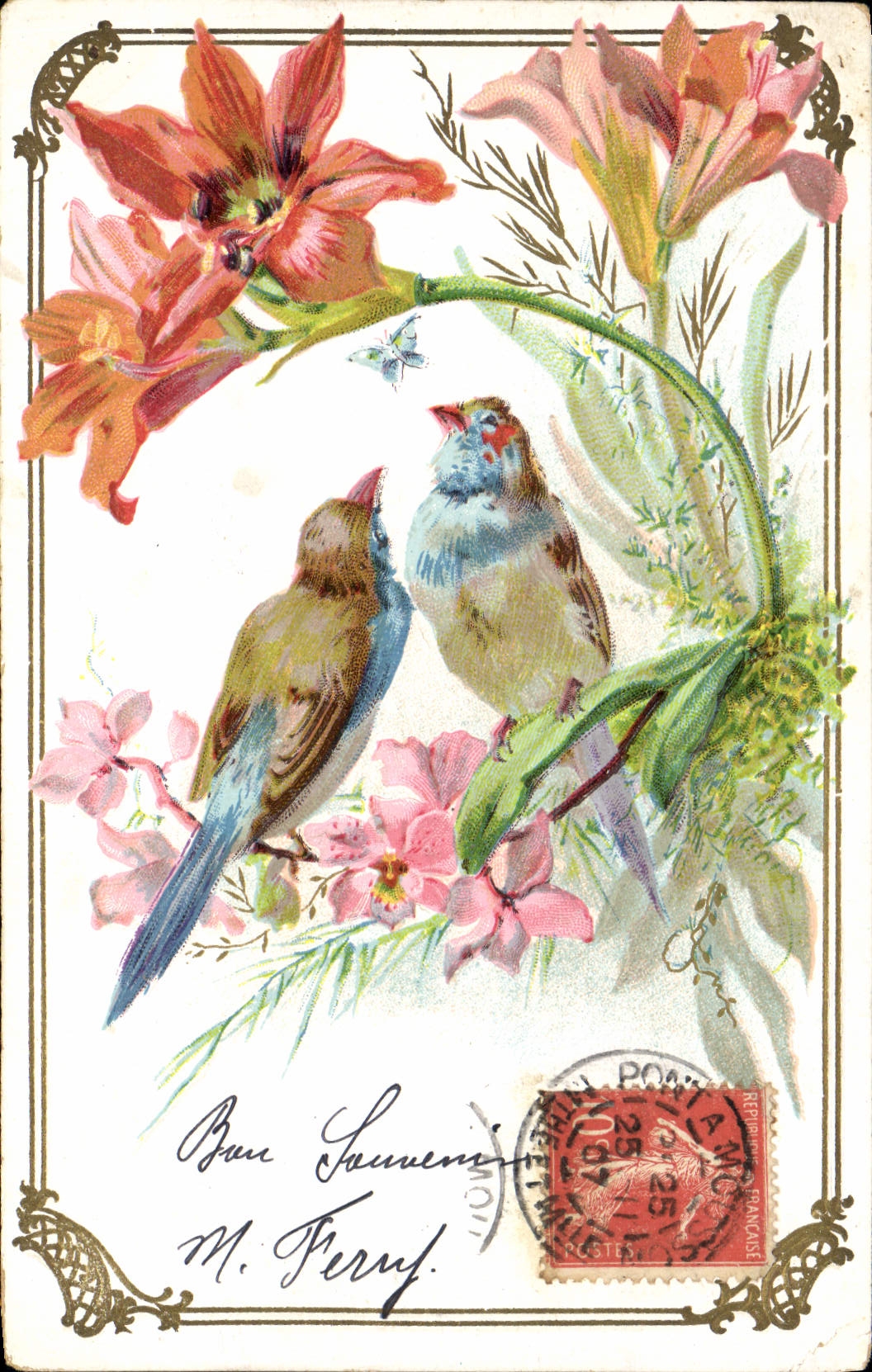 CPA Fantaisie Fleurs Oiseaux 