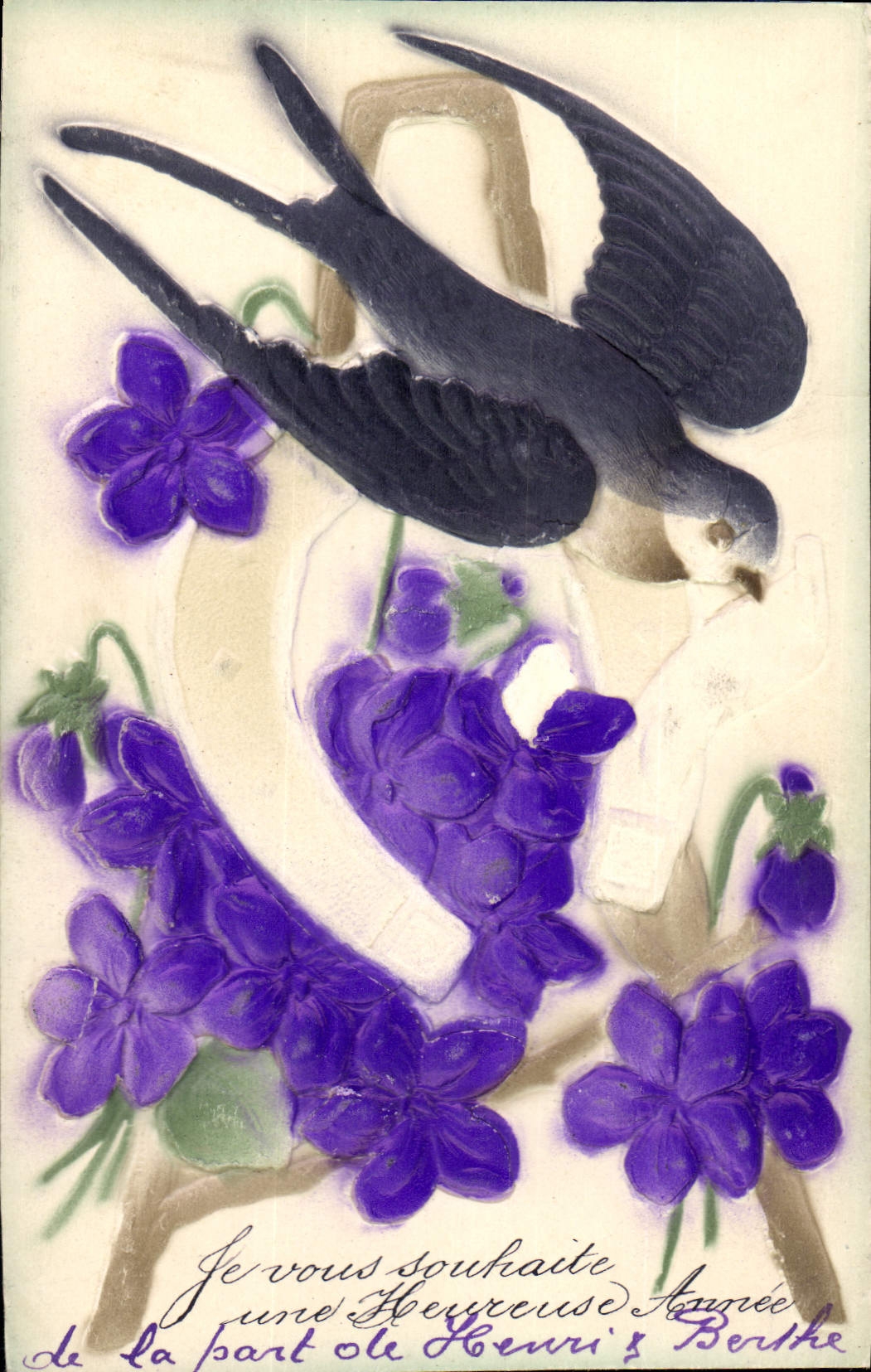 CPA Fantaisie Fleurs Oiseau Fer a cheval 