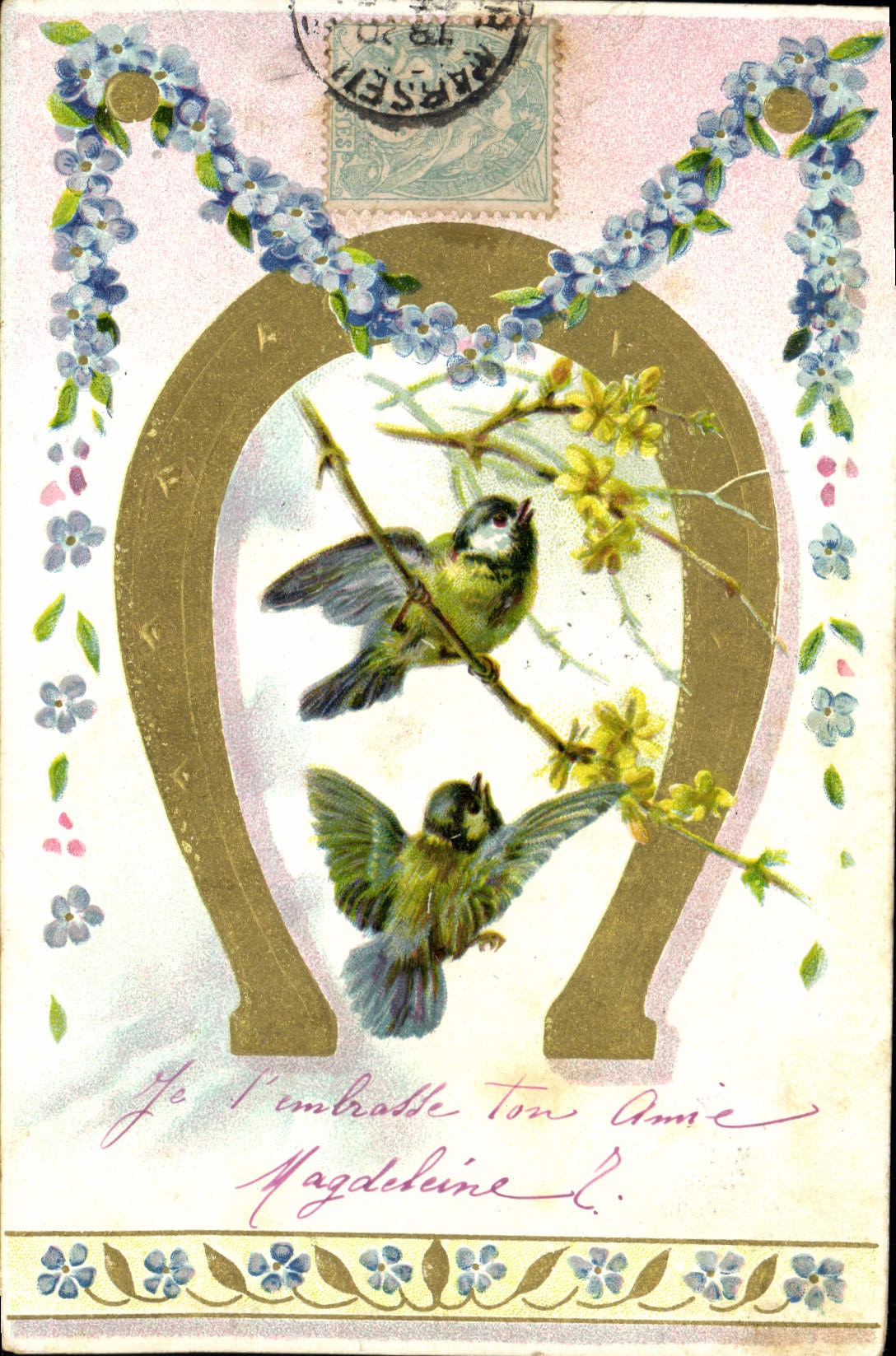 CPA Fantaisie Fleurs Oiseaux Fer a cheval 