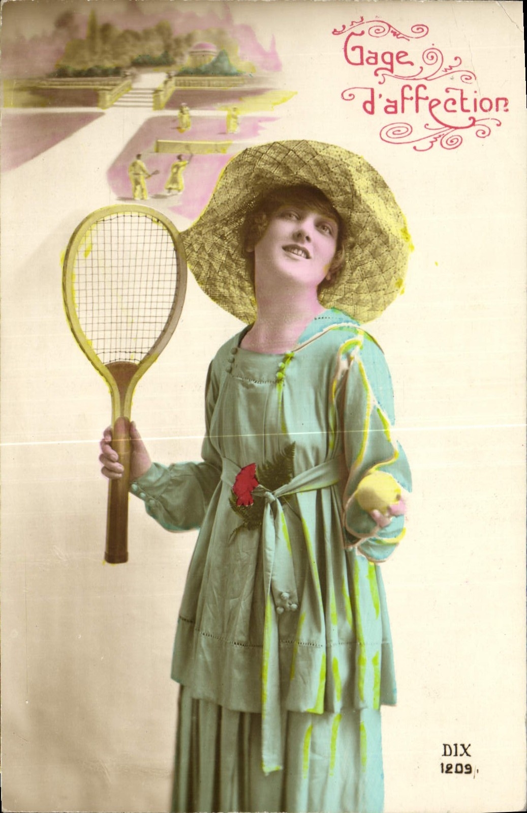 Jeune femme en tenue de tennis — scène de jardin — éditeur DIX n° 1209