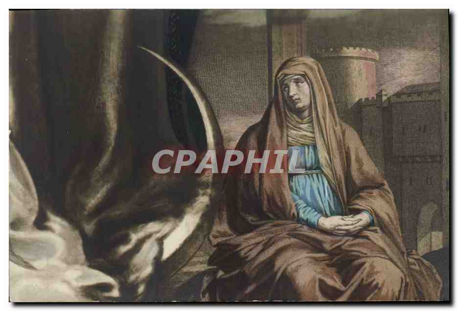Femme en robe bleue et voile brun — scène religieuse — éditeur Croissant, Paris