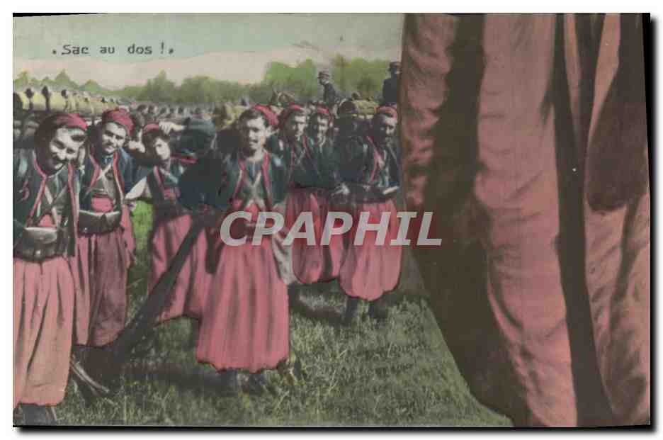 CPA Puzzle Militaria Sac au dos Zouaves 