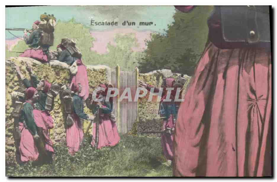 CPA Puzzle Militaria Escalade d'un mur Zouaves 