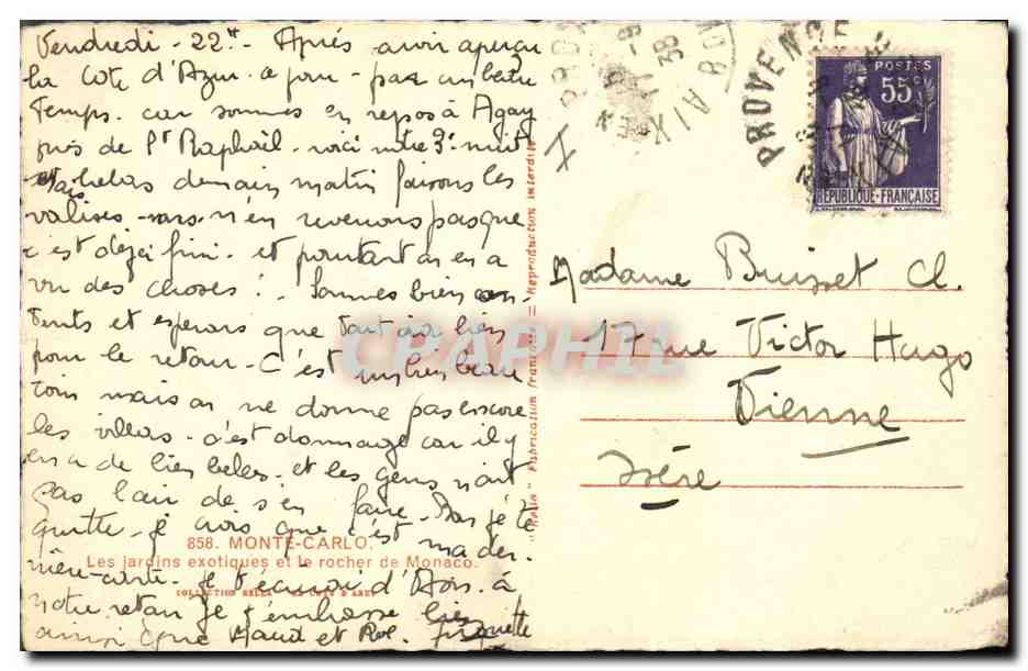 CPA Monte Carlo Les jardins exotiques et le rocher de Monaco  — Rückseite