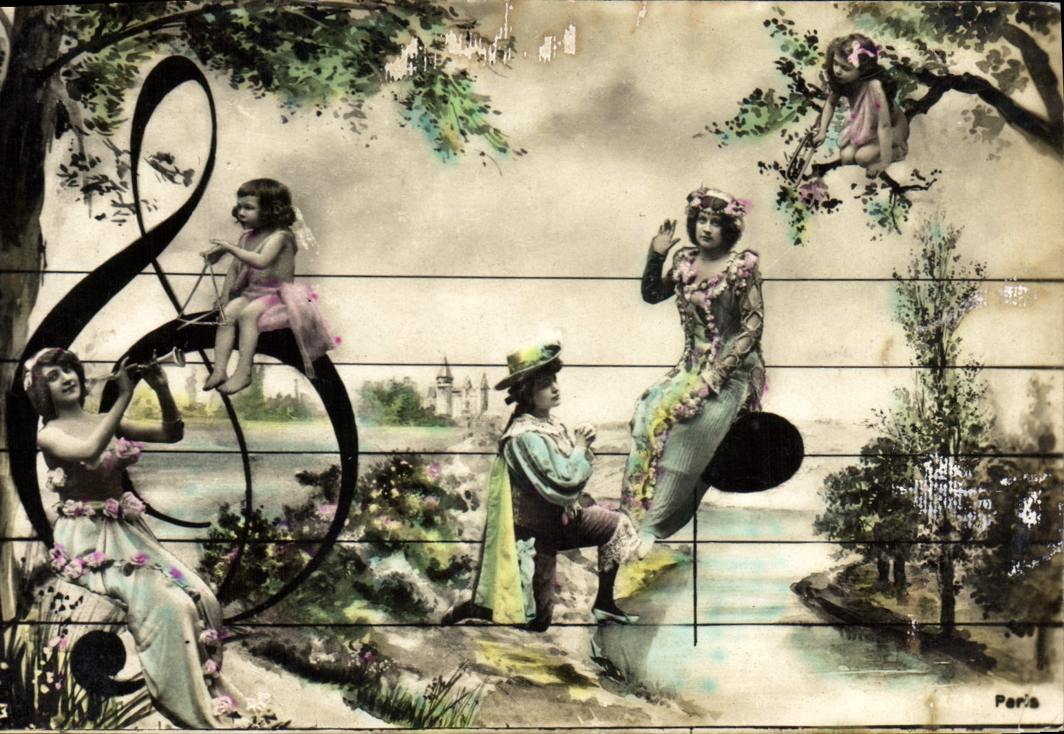 Musiciens et enfants sur une clef de sol — Paris — éditeur inconnu
