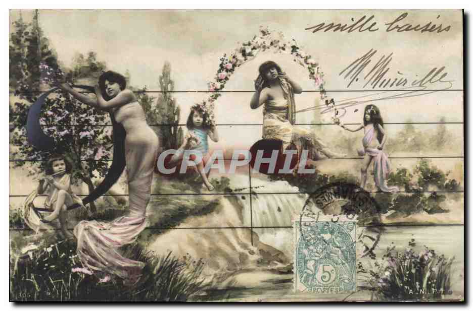 Sujet mythologique — nymphes et enfants près d'une cascade — éditeur A.N.P. n° 105