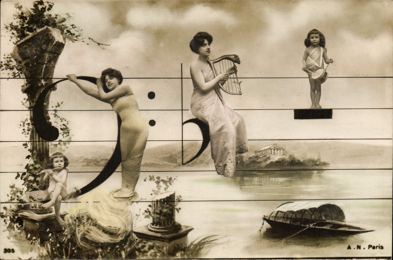 Musique et mythes — scène sur fond de notes de musique — A.N. Paris n°305