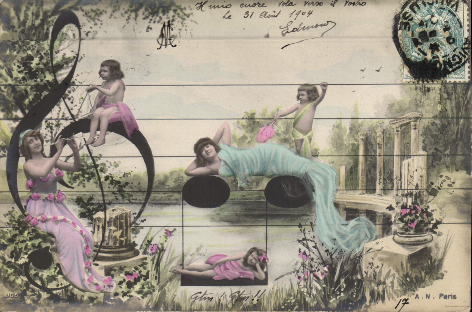 Musique et merveilles — scène de jardin avec sirènes et enfants — A.N. Paris, n°305