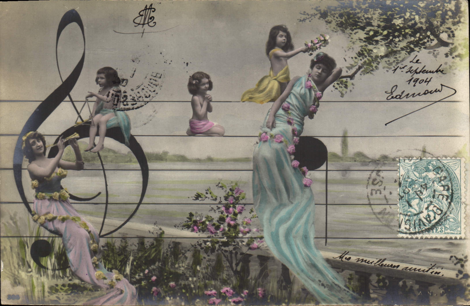 Musique et merveilles — scène avec sirène et enfants — éditeur non visible, n° de série 888