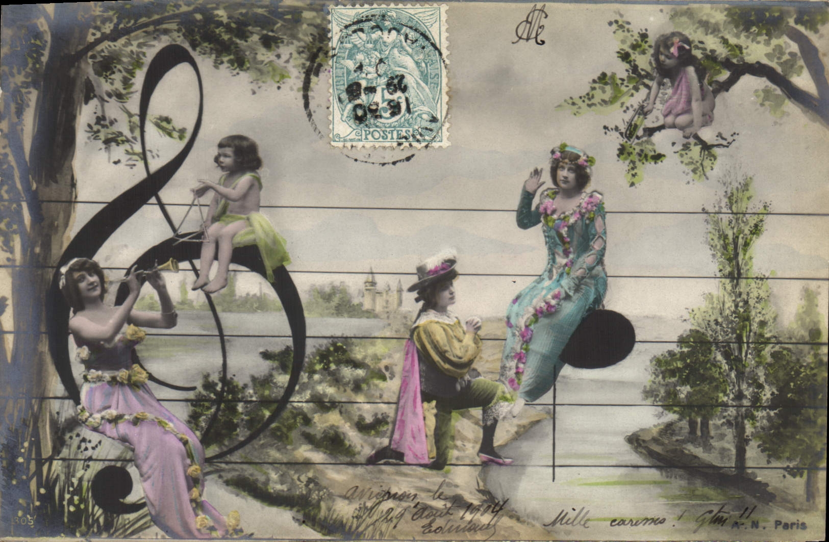 Musiciens et enfants sur une clef de sol — éditeur A. N. Paris, n° 305