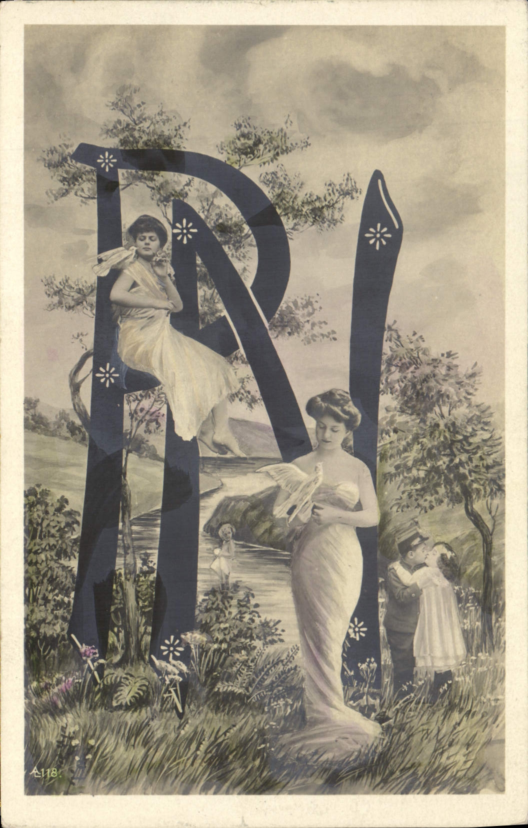 Woman and child in a landscape — ornate initial R — publisher S.118