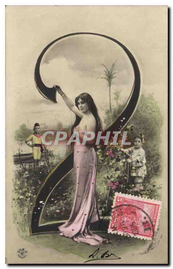 Femme et enfants dans un jardin — illustration avec grand chiffre 2 — éditeur D. B. n° 58