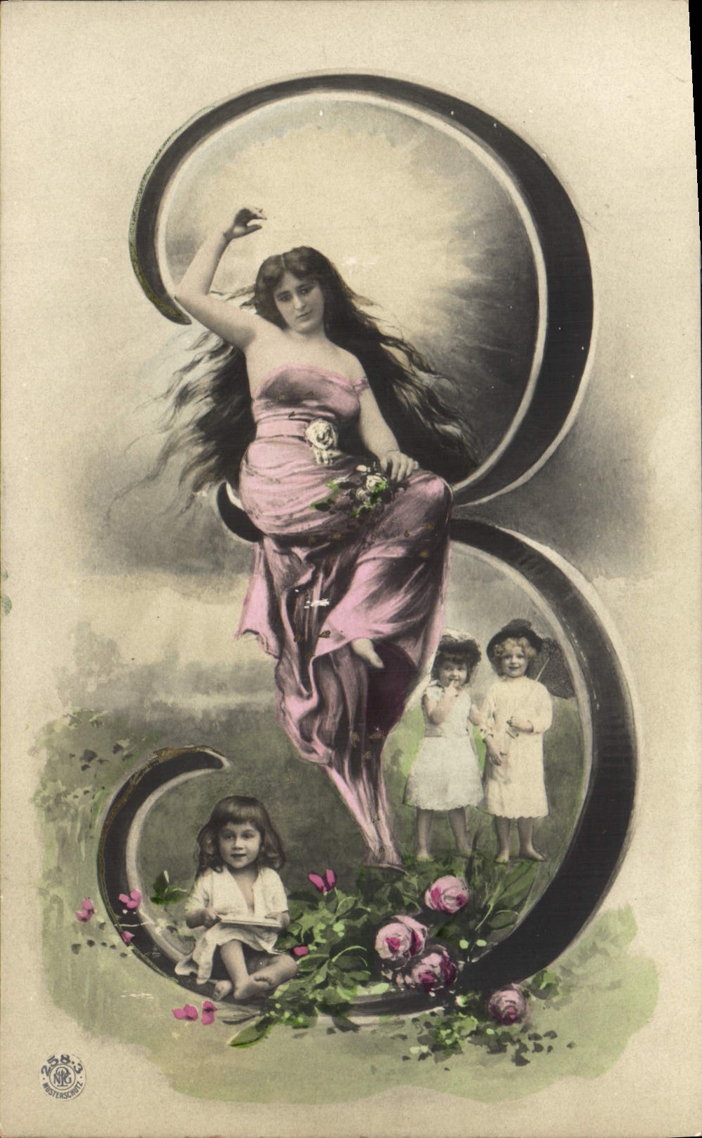 Femme dans un grand '8' — avec trois enfants — éditée par White & Co. n° 583