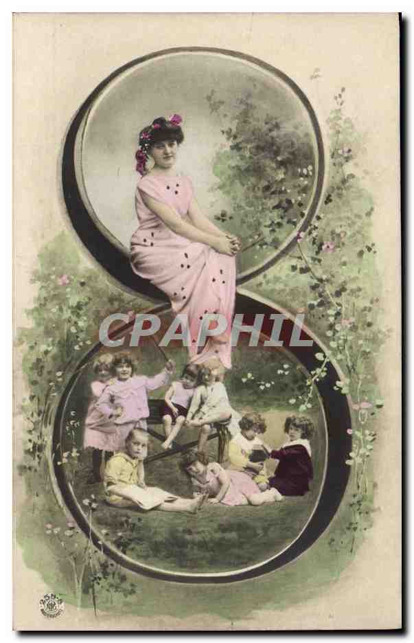 Femme et enfants dans un décor floral — éditeur anonyme, n° de série non visible
