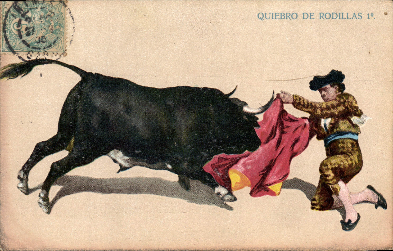 Quiebro de Rodillas 1º — scène de taureau noir et matador — éditeur non visible