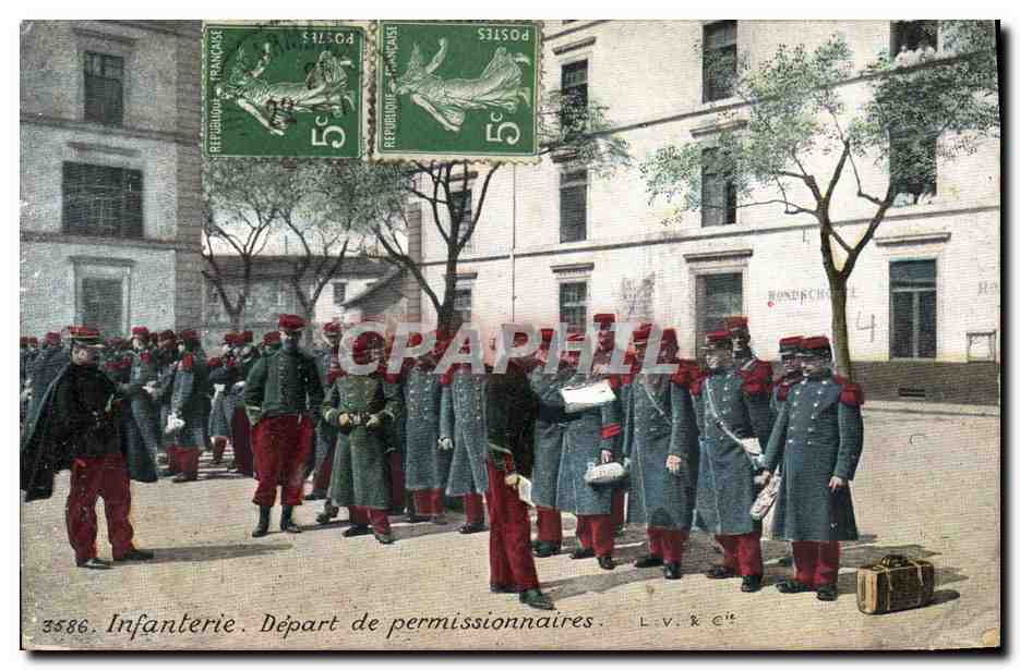 Tarjeta postal antigua Militaria Infantería Departamento de permisionarios