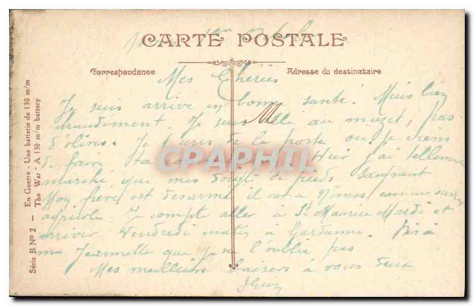 En Guerre — Une Batterie de 130 m/m — L.V. C.F. — Verso