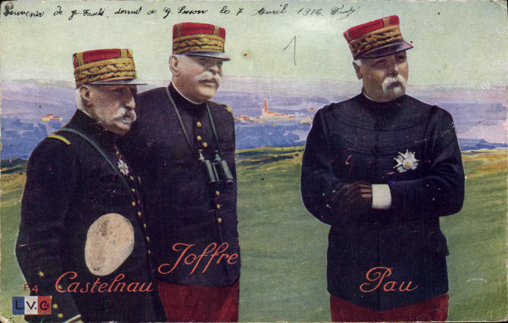 Trois généraux français — Castelnau, Joffre, Pau — en uniforme, avec paysage de campagne — L.V.C. n° F4
