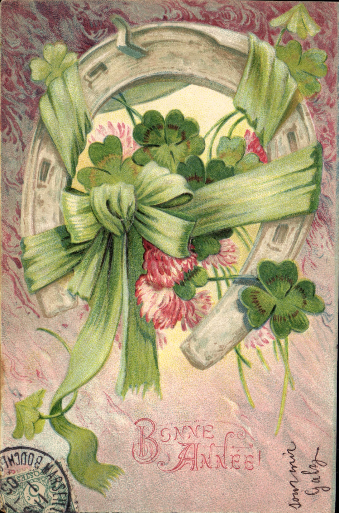 CPA Fantaisie Fleurs Trefle Fer a cheval