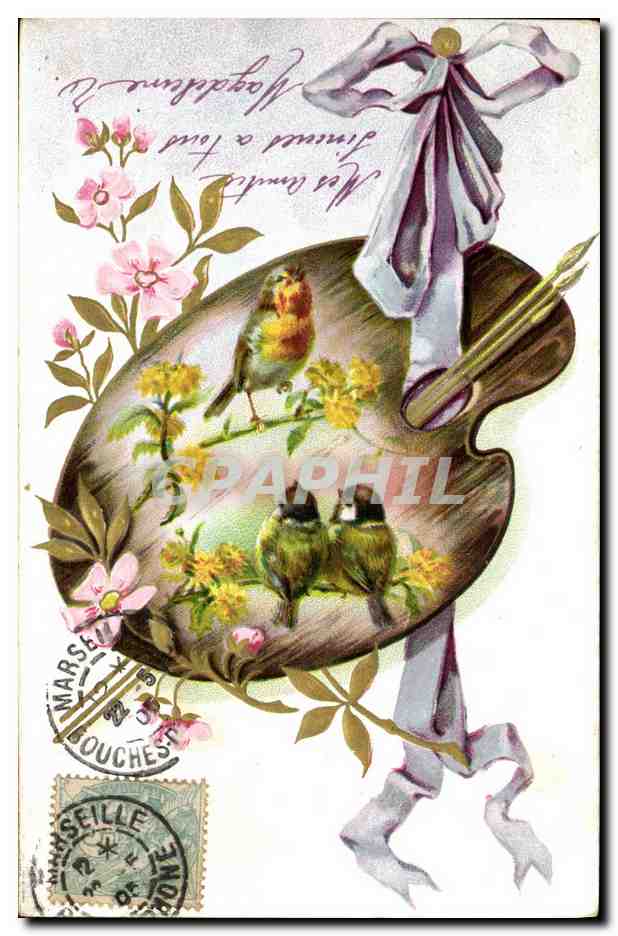 CPA Fantaisie Fleurs Oiseaux 