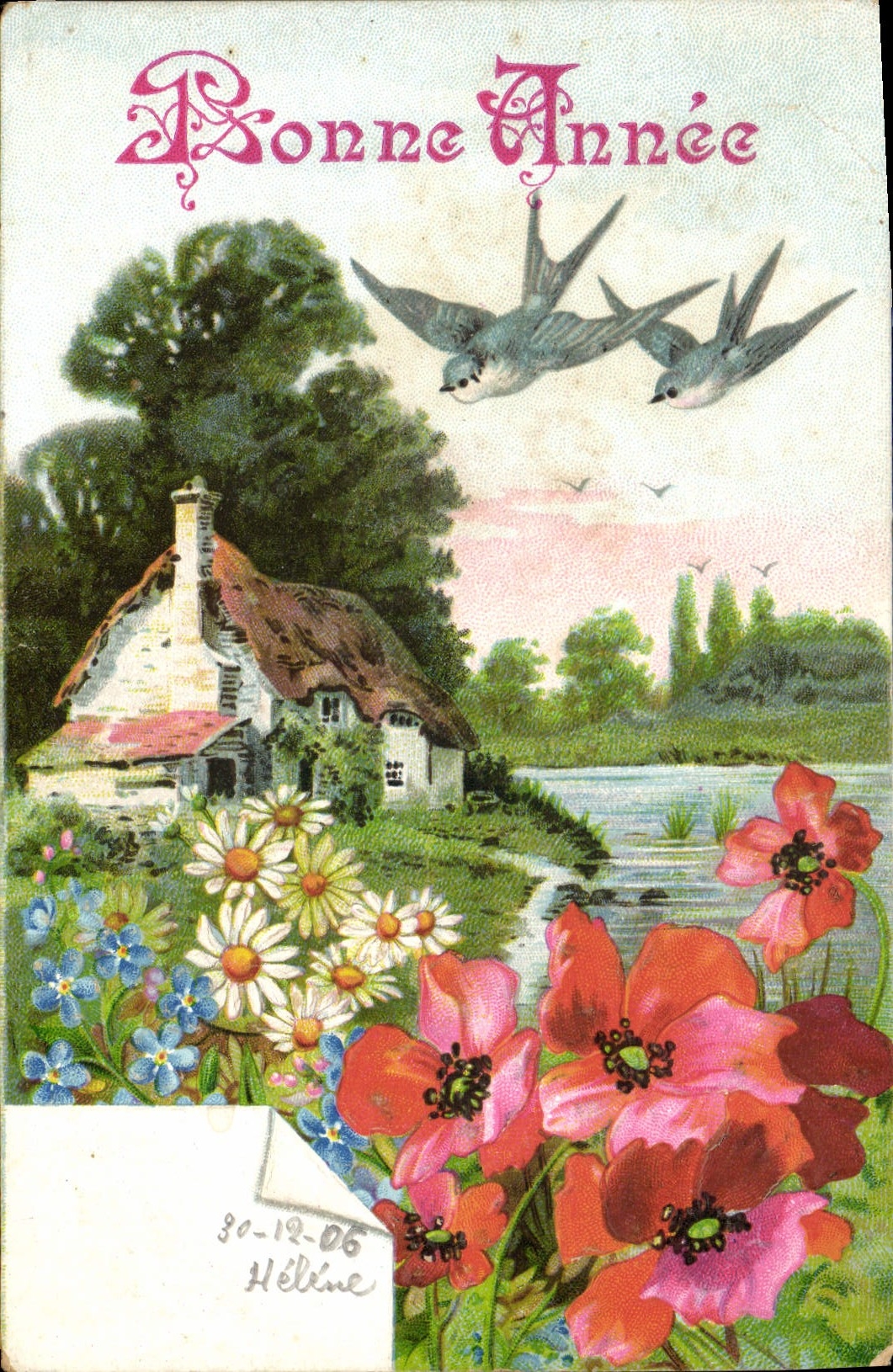 CPA Fantaisie Fleurs Hirondelles