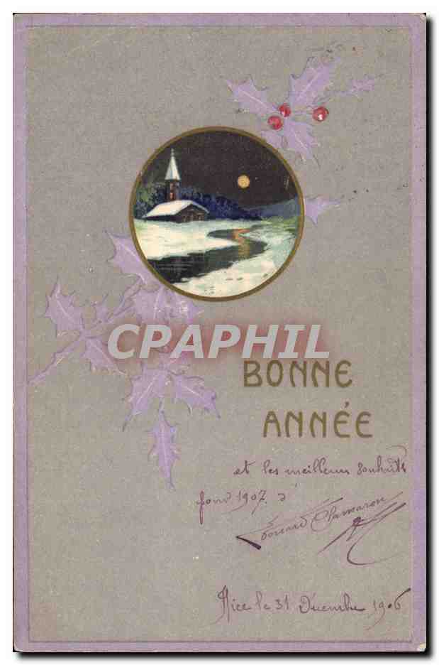 Vue de nuit d'une église enneigée — Bonne Année 1906 — éditeur non visible