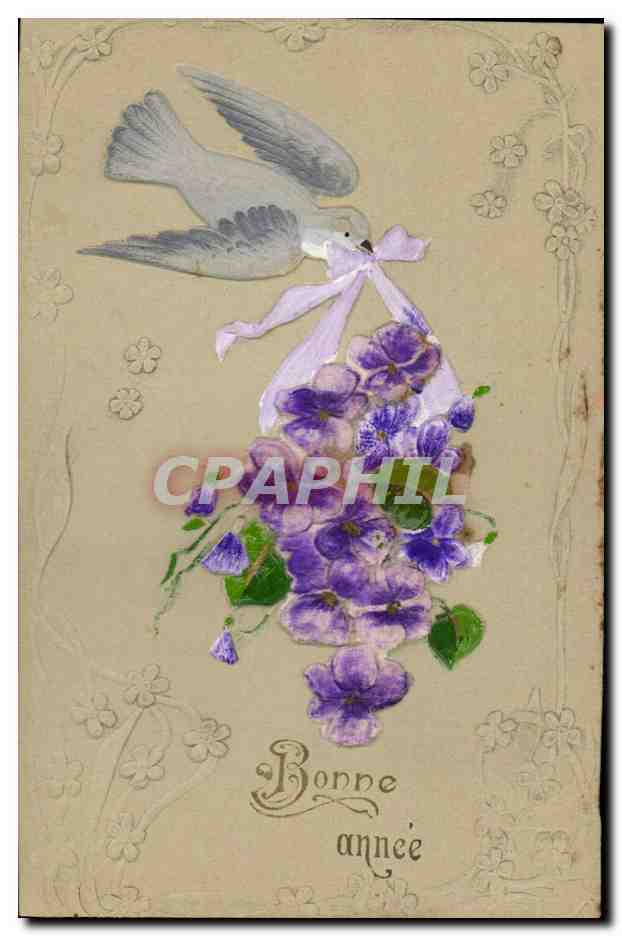 Colombe tenant des violettes — Bonne année — éditeur inconnu, n° de série non visible
