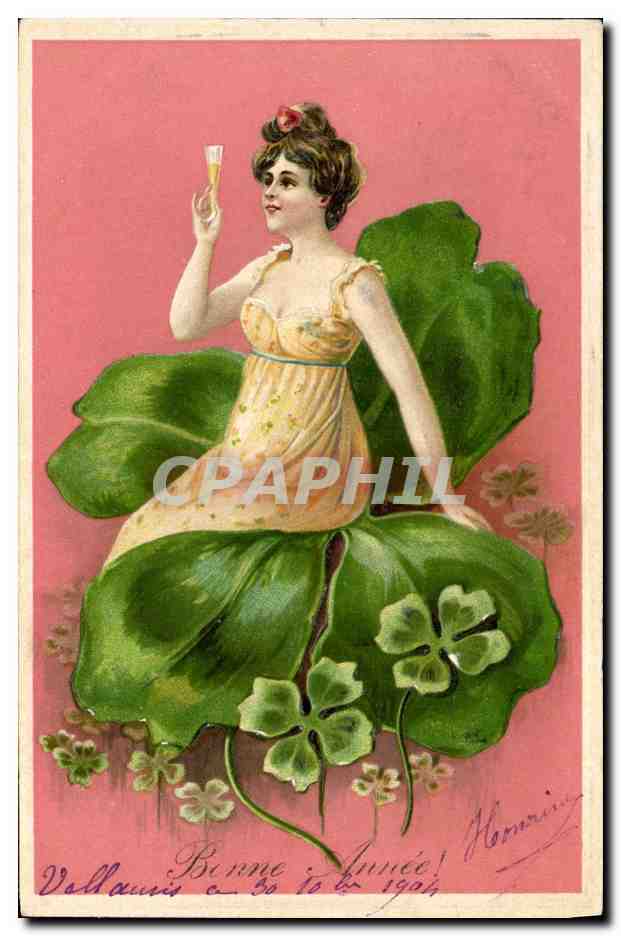 Mujer sentada sobre hojas de trébol — Feliz Año 1904 — Hommari