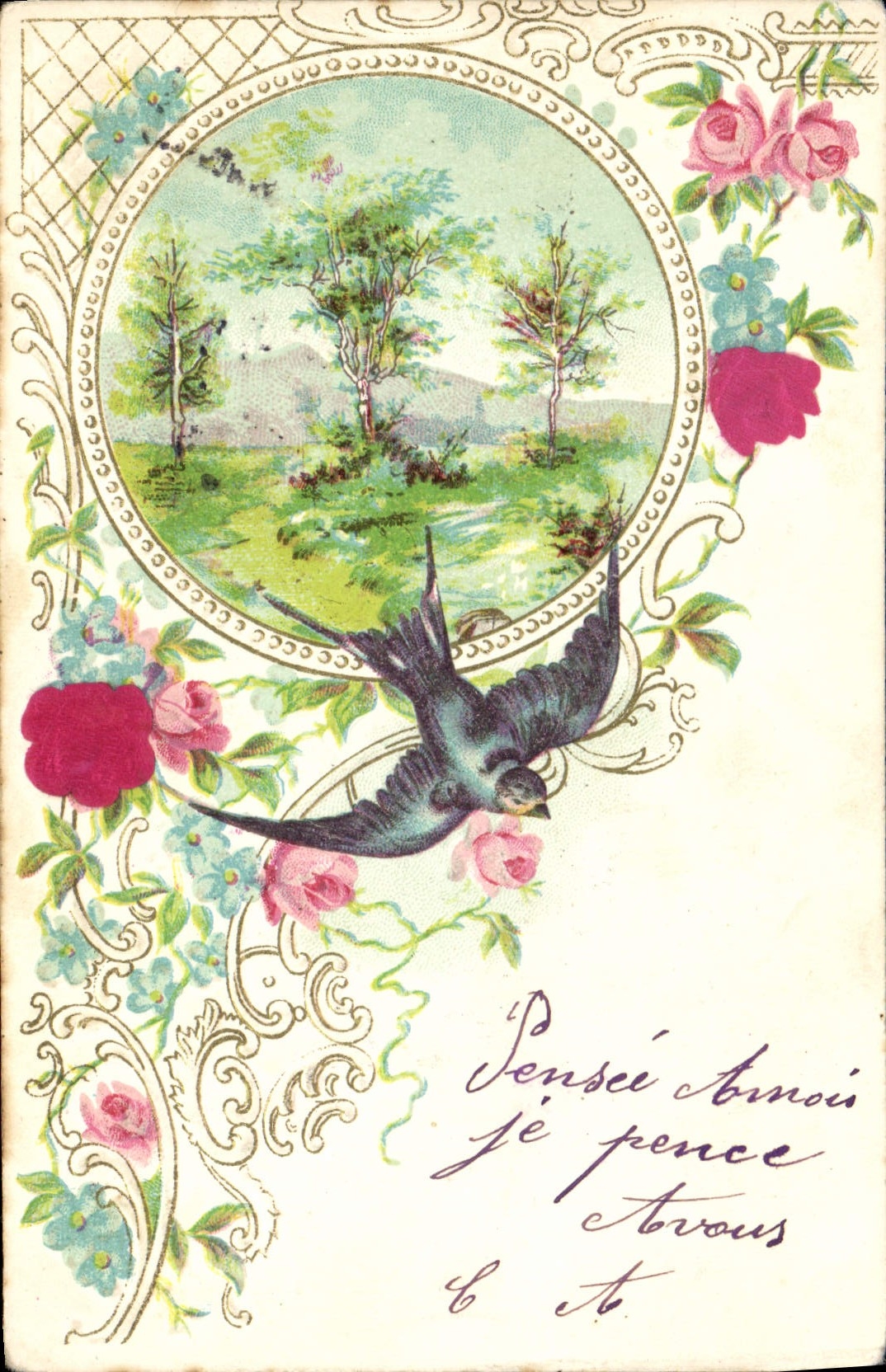 CPA Fantaisie Fleurs Oiseau