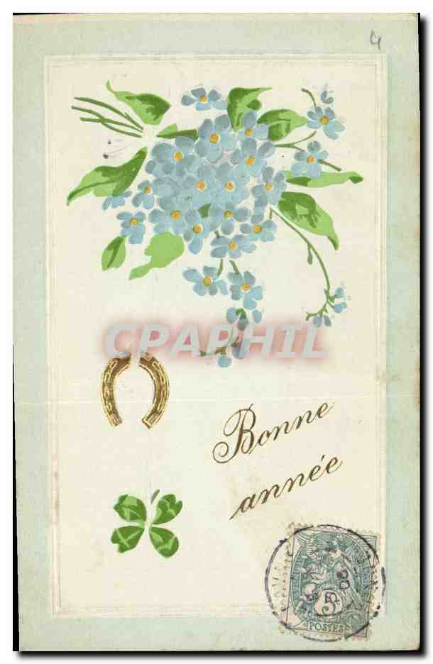 CPA Fantaisie Fleurs Trefle Fer a cheval