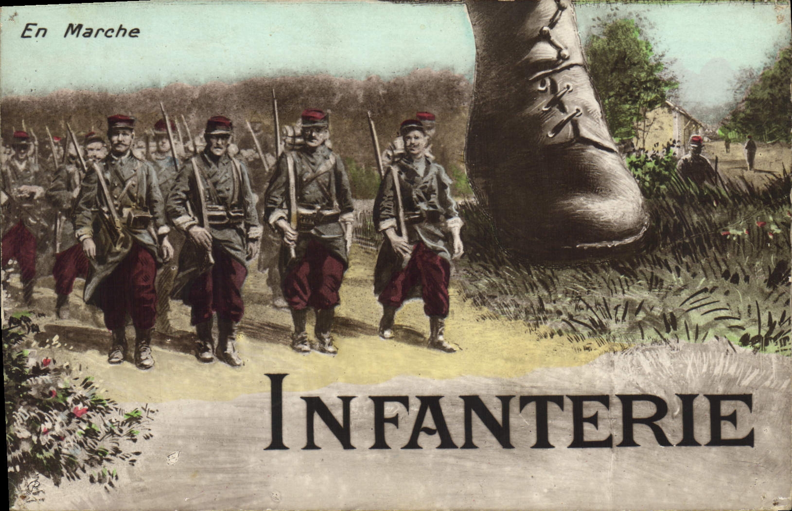 CPA Puzzle Militaria En marche Infanterie