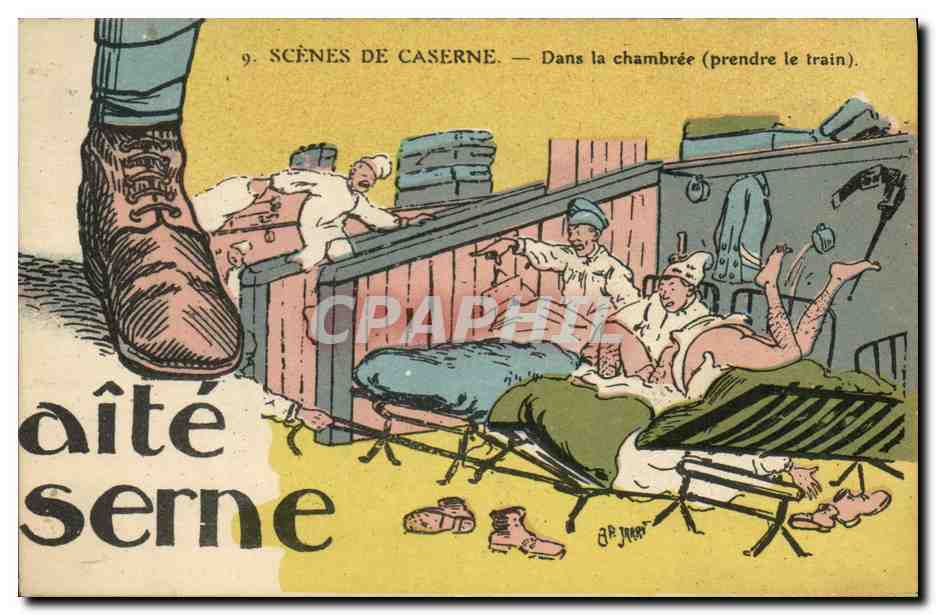 CPA Puzzle Militaria Dans la chambree prendre le train
