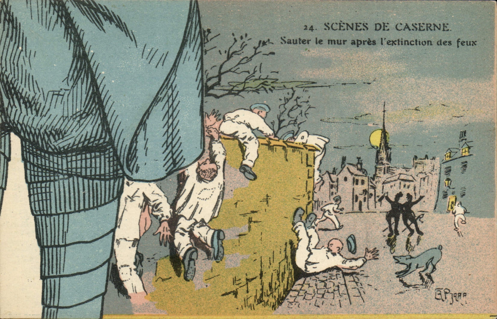 CPA Puzzle Militaria Sauter le mur apres l'extinction des feux