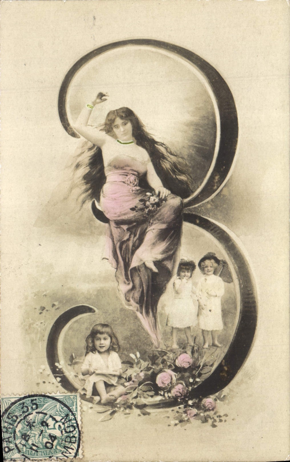 Femme et enfants dans un grand '8' — éditeur anonyme, n° de série non visible