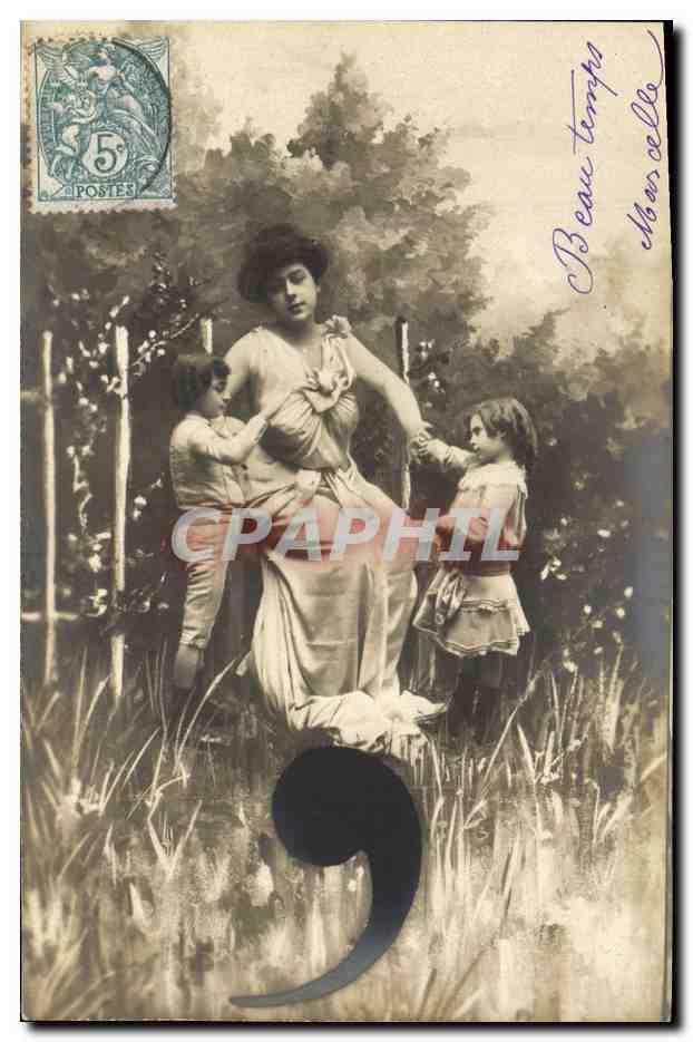 Femme avec deux enfants — scène de jardin — éditeur G.B.